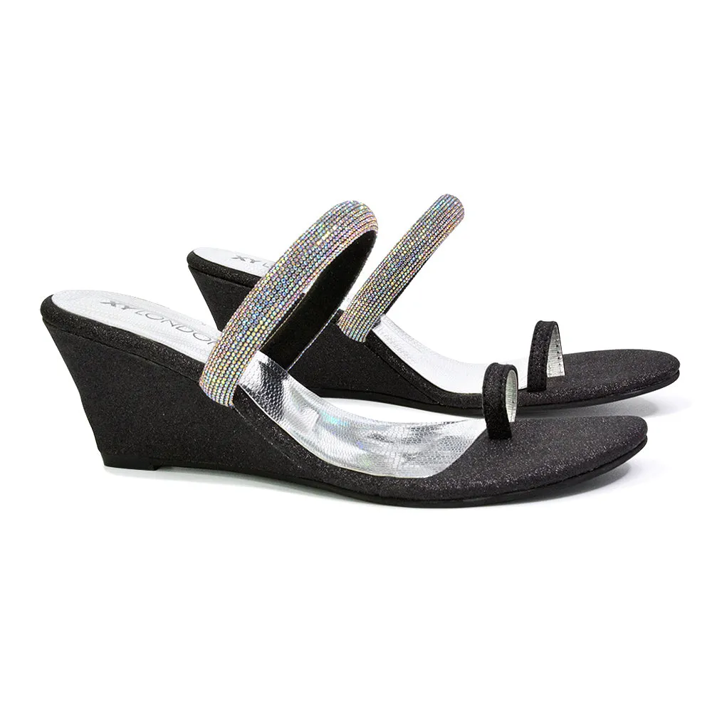 Lucille Slip On Strappy Sparkly Diamante Wedge Sandal Heels in Silver