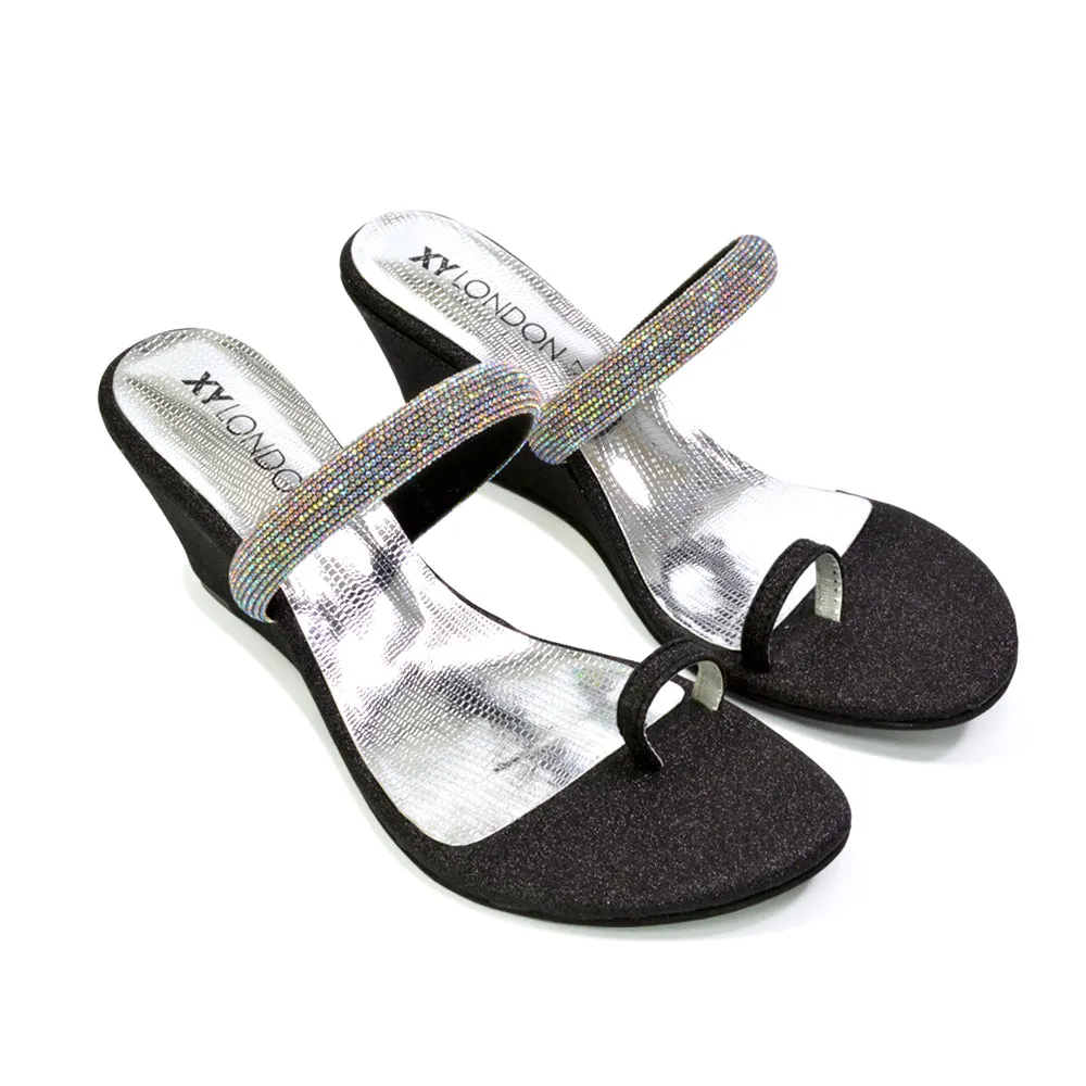 Lucille Slip On Strappy Sparkly Diamante Wedge Sandal Heels in Silver