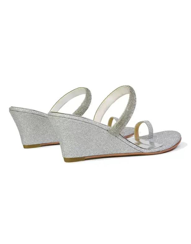 Lucille Slip On Strappy Sparkly Diamante Wedge Sandal Heels in Silver