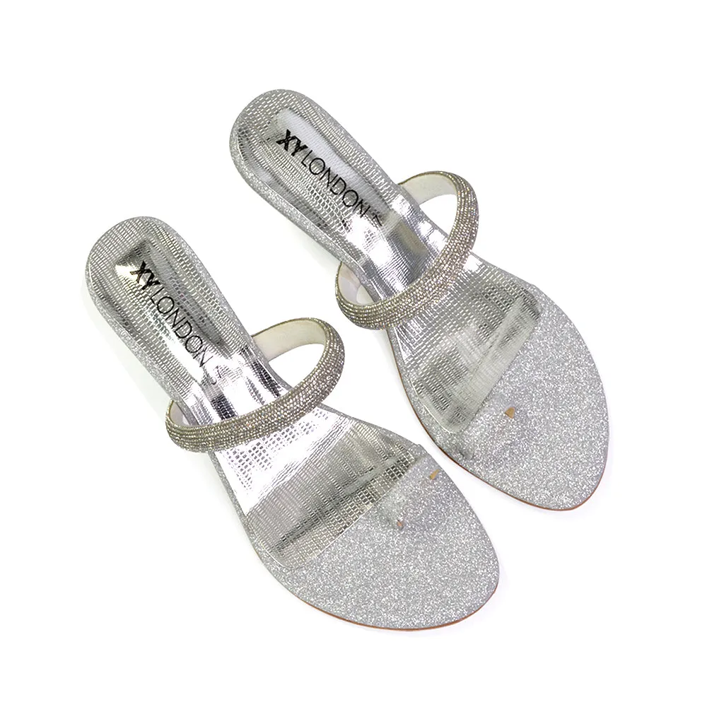 Lucille Slip On Strappy Sparkly Diamante Wedge Sandal Heels in Silver