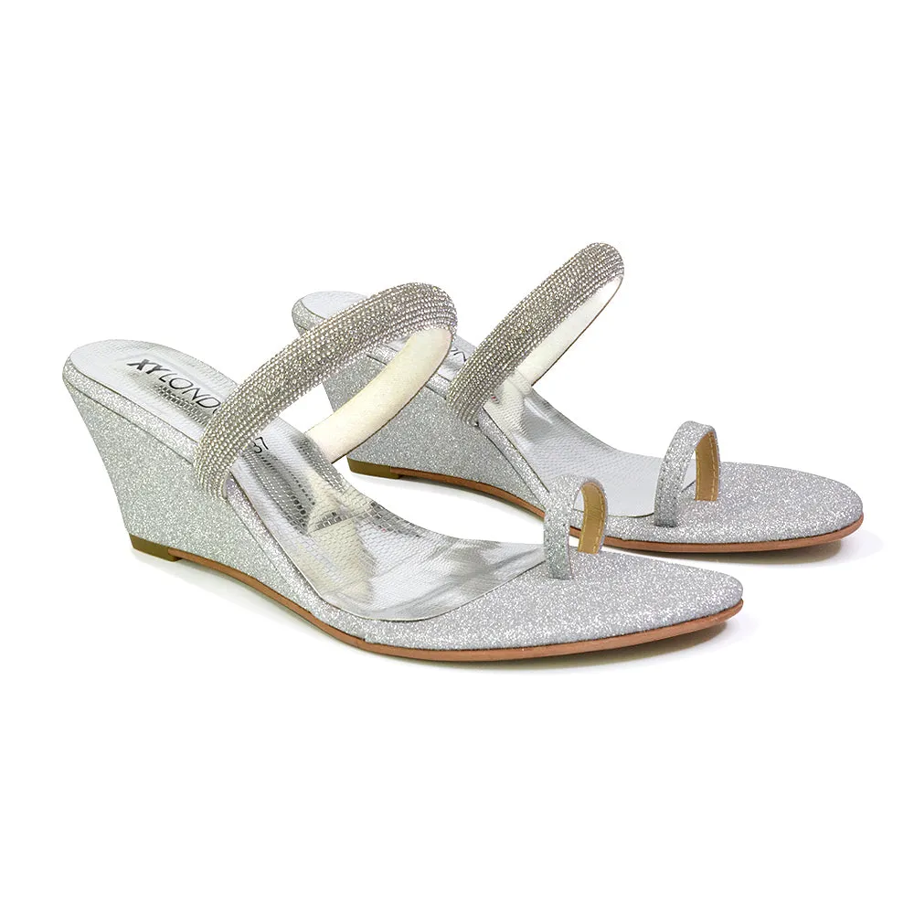 Lucille Slip On Strappy Sparkly Diamante Wedge Sandal Heels in Silver