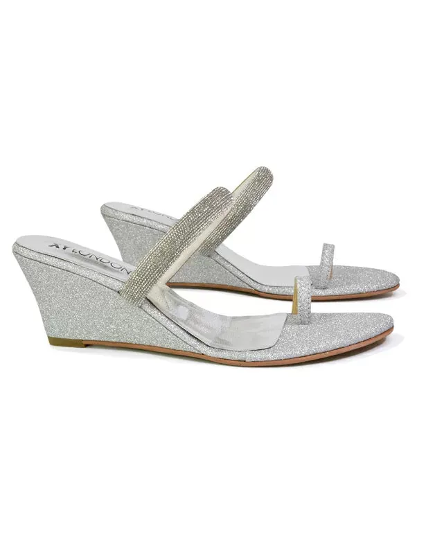 Lucille Slip On Strappy Sparkly Diamante Wedge Sandal Heels in Silver