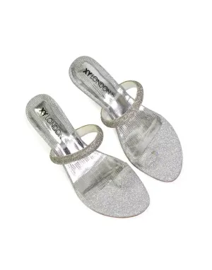 Lucille Slip On Strappy Sparkly Diamante Wedge Sandal Heels in Silver