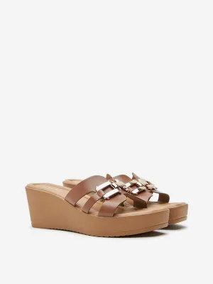 LUNA BLU Tan Metal-Detailed Wedge Heel Sandals