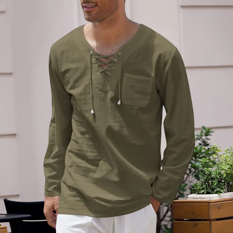 Men's Cotton Linen Casual Lace-Up V-Neck Long Sleeve T-Shirt