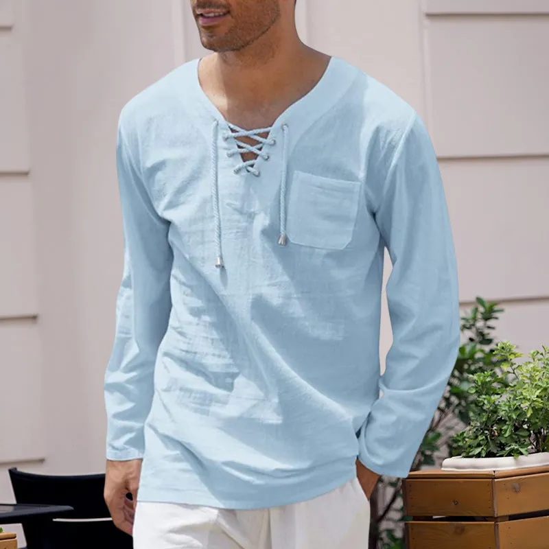 Men's Cotton Linen Casual Lace-Up V-Neck Long Sleeve T-Shirt