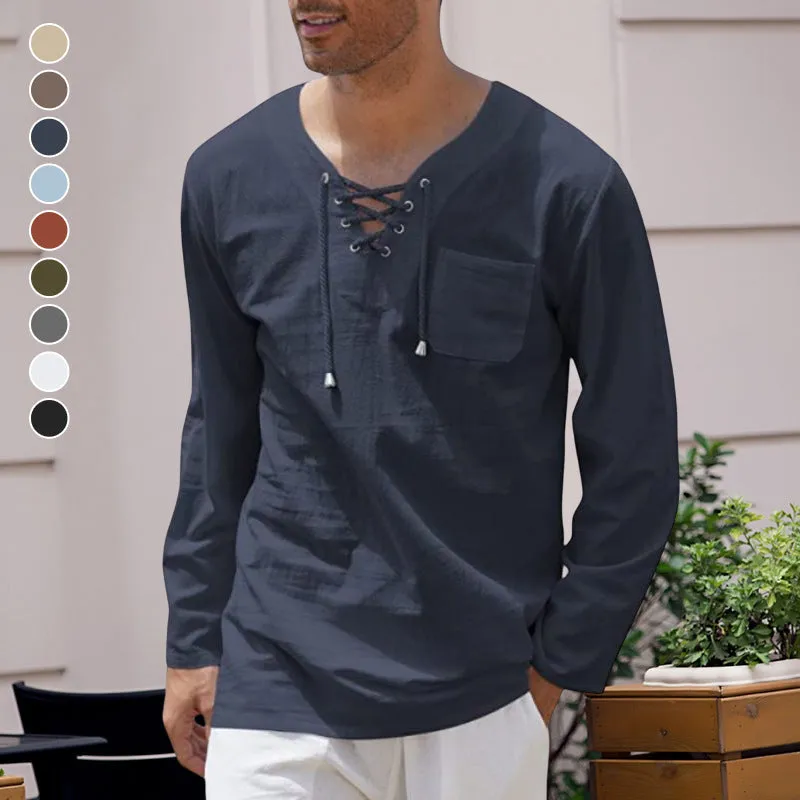 Men's Cotton Linen Casual Lace-Up V-Neck Long Sleeve T-Shirt