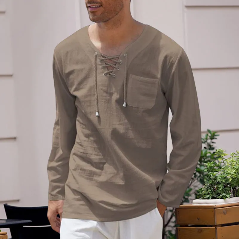 Men's Cotton Linen Casual Lace-Up V-Neck Long Sleeve T-Shirt