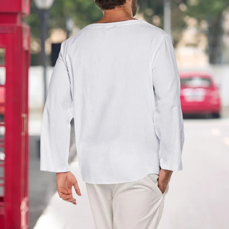 Men's Cotton Linen Casual Lace-Up V-Neck Long Sleeve T-Shirt