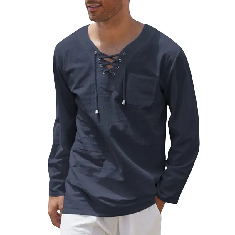 Men's Cotton Linen Casual Lace-Up V-Neck Long Sleeve T-Shirt