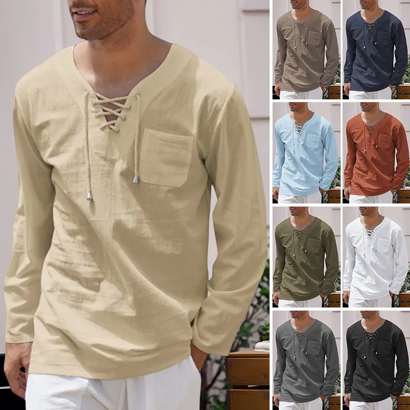 Men's Cotton Linen Casual Lace-Up V-Neck Long Sleeve T-Shirt