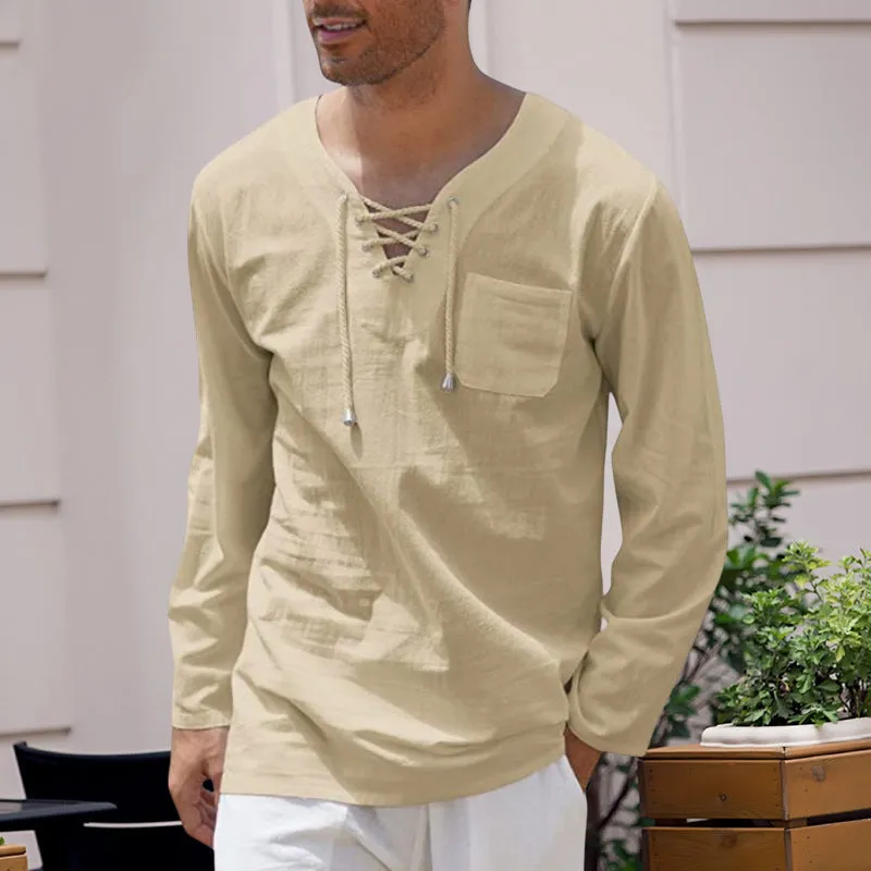 Men's Cotton Linen Casual Lace-Up V-Neck Long Sleeve T-Shirt