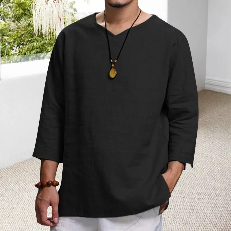 Men's Long-sleeved V-neck Linen Loose Shirt