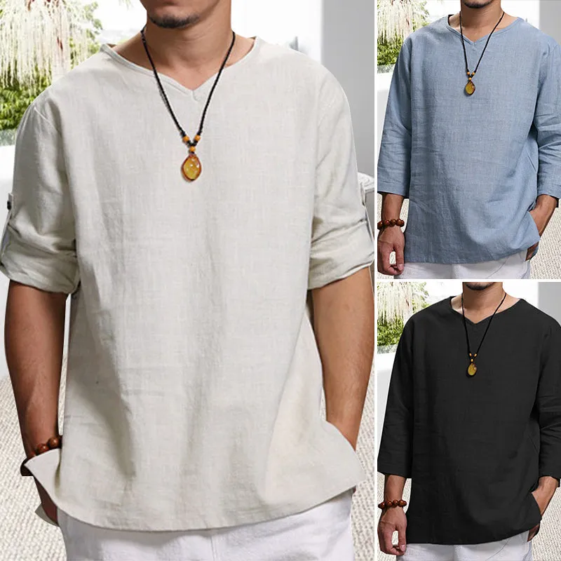 Men's Long-sleeved V-neck Linen Loose Shirt