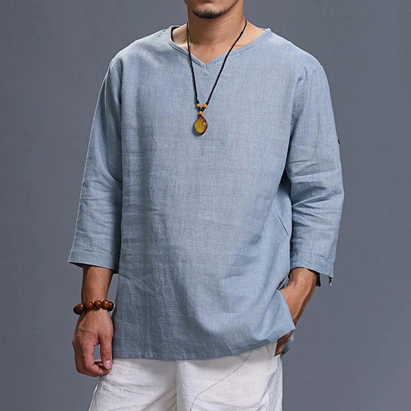 Men's Long-sleeved V-neck Linen Loose Shirt