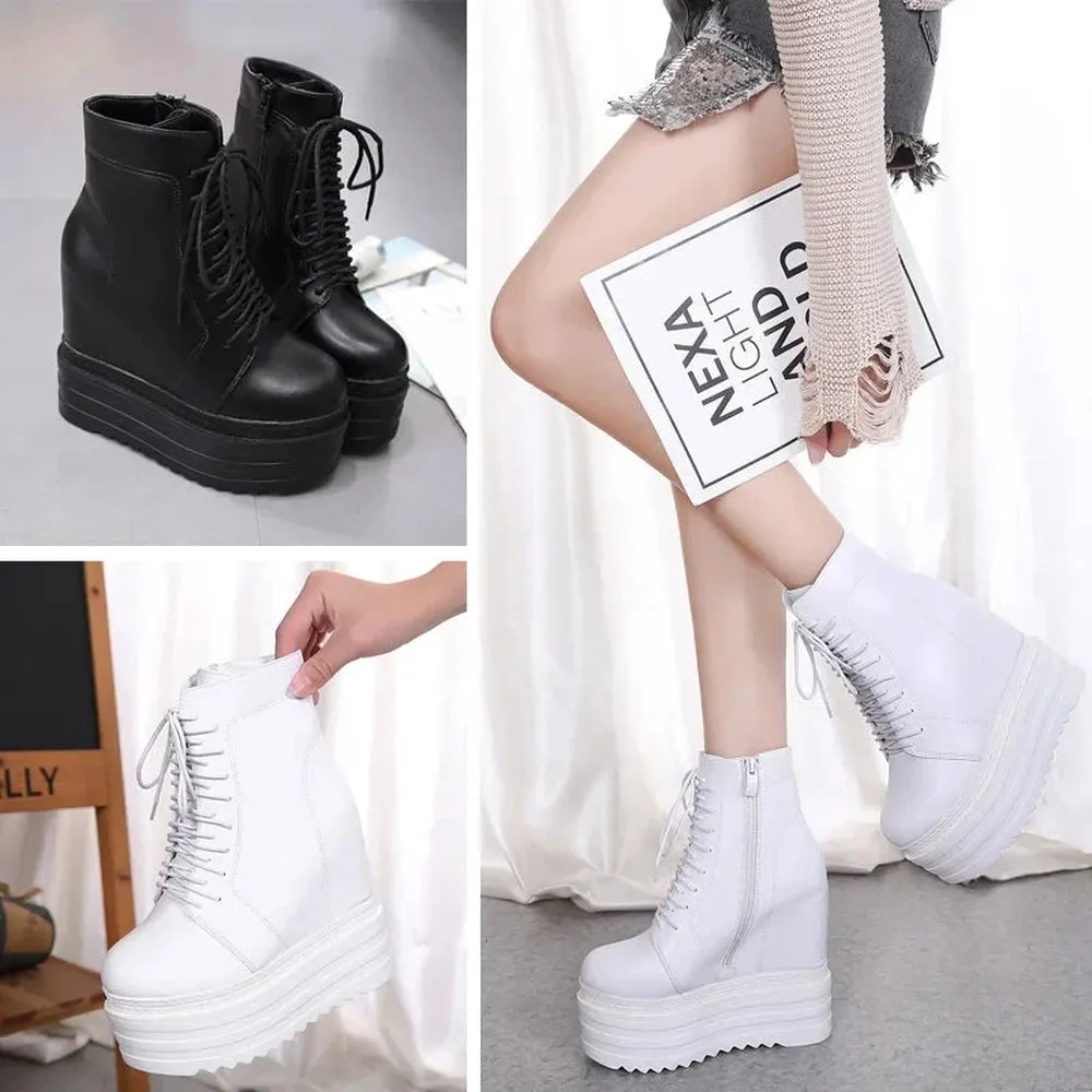 Merendy Yasmin Wedge Heels Square toe platform Black Lace-up combat Boots