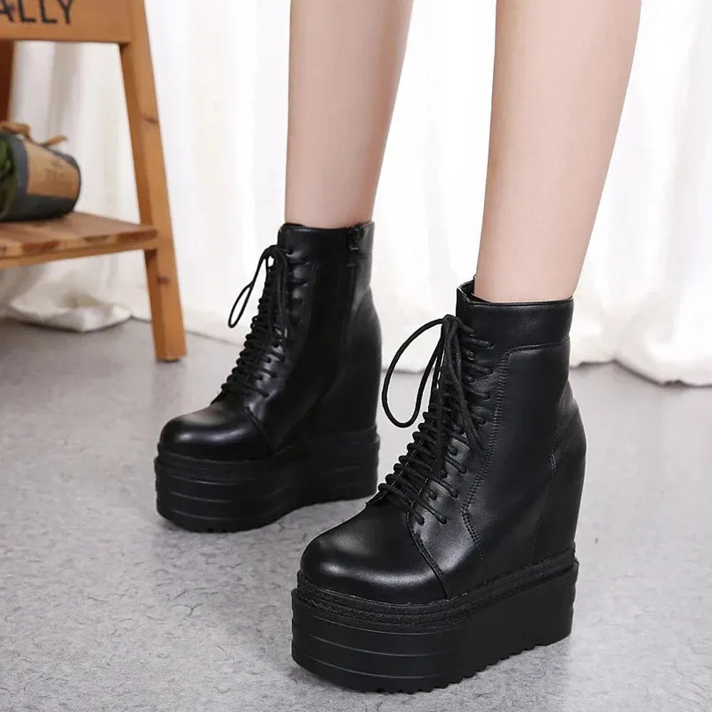 Merendy Yasmin Wedge Heels Square toe platform Black Lace-up combat Boots