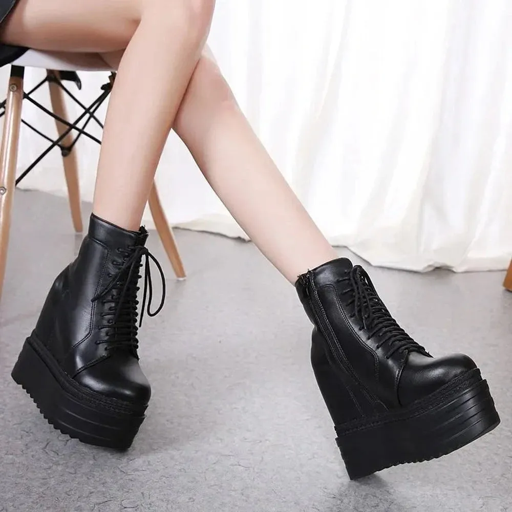 Merendy Yasmin Wedge Heels Square toe platform Black Lace-up combat Boots