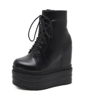 Merendy Yasmin Wedge Heels Square toe platform Black Lace-up combat Boots