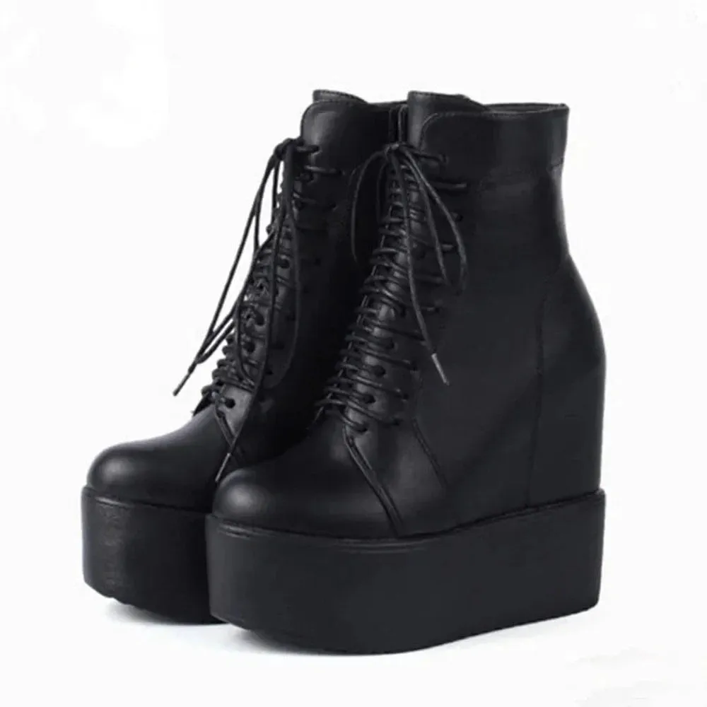 Merendy Yasmin Wedge Heels Square toe platform Black Lace-up combat Boots