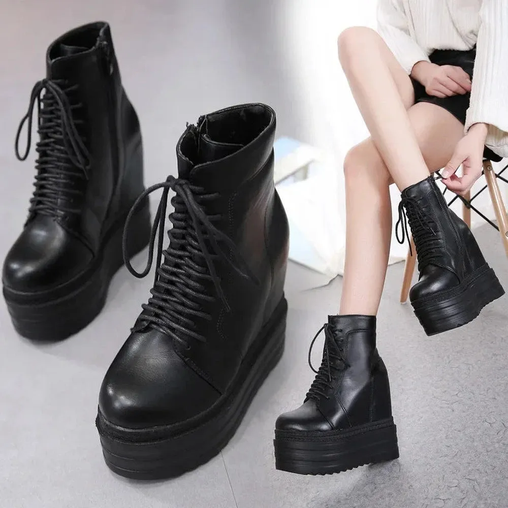 Merendy Yasmin Wedge Heels Square toe platform Black Lace-up combat Boots