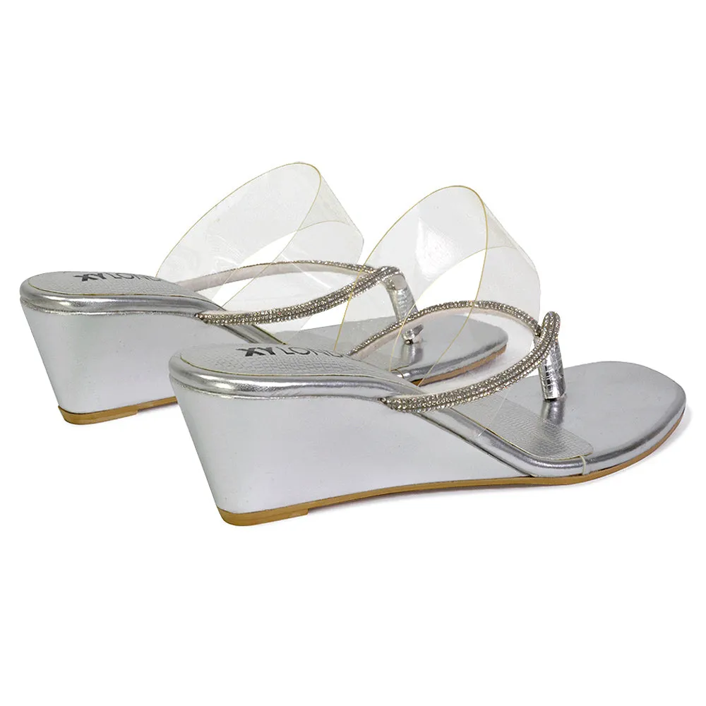 Mirabel Square Toe Post Perspex Wedge Heel Diamante Sandals in Blue