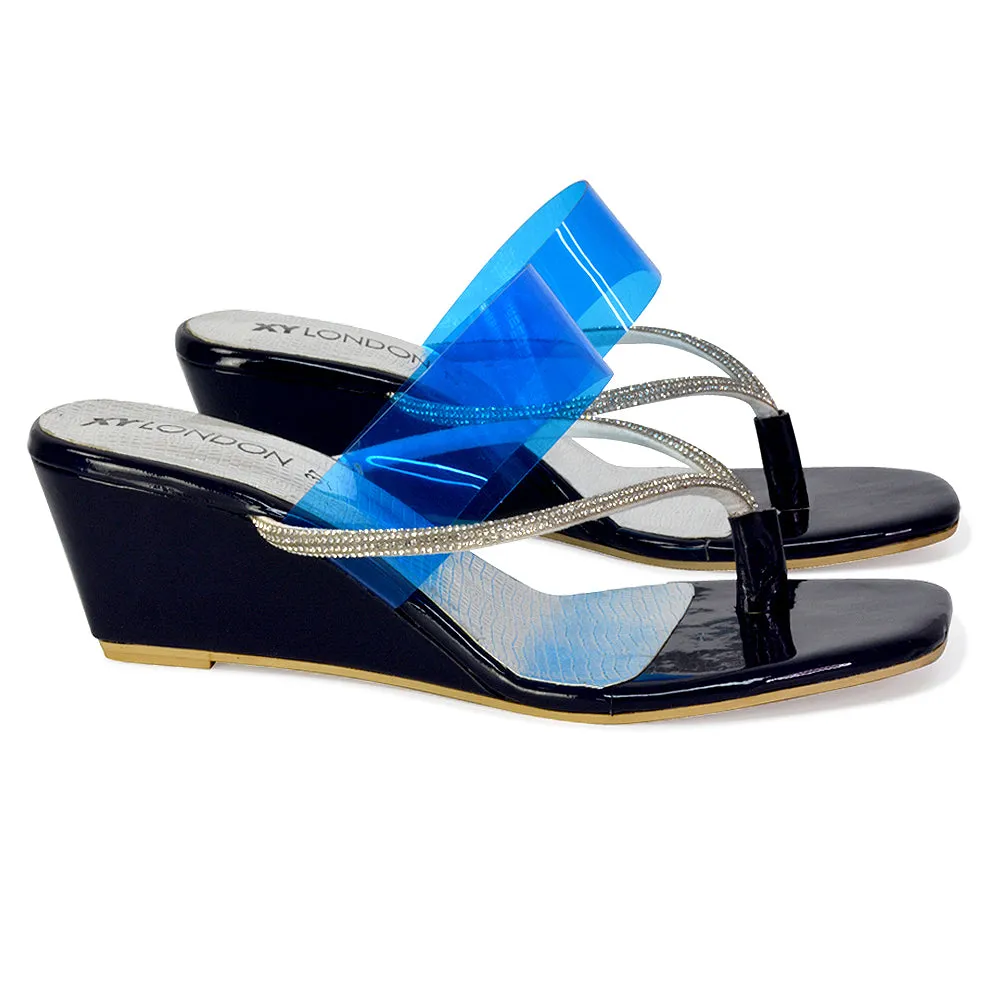 Mirabel Square Toe Post Perspex Wedge Heel Diamante Sandals in Blue