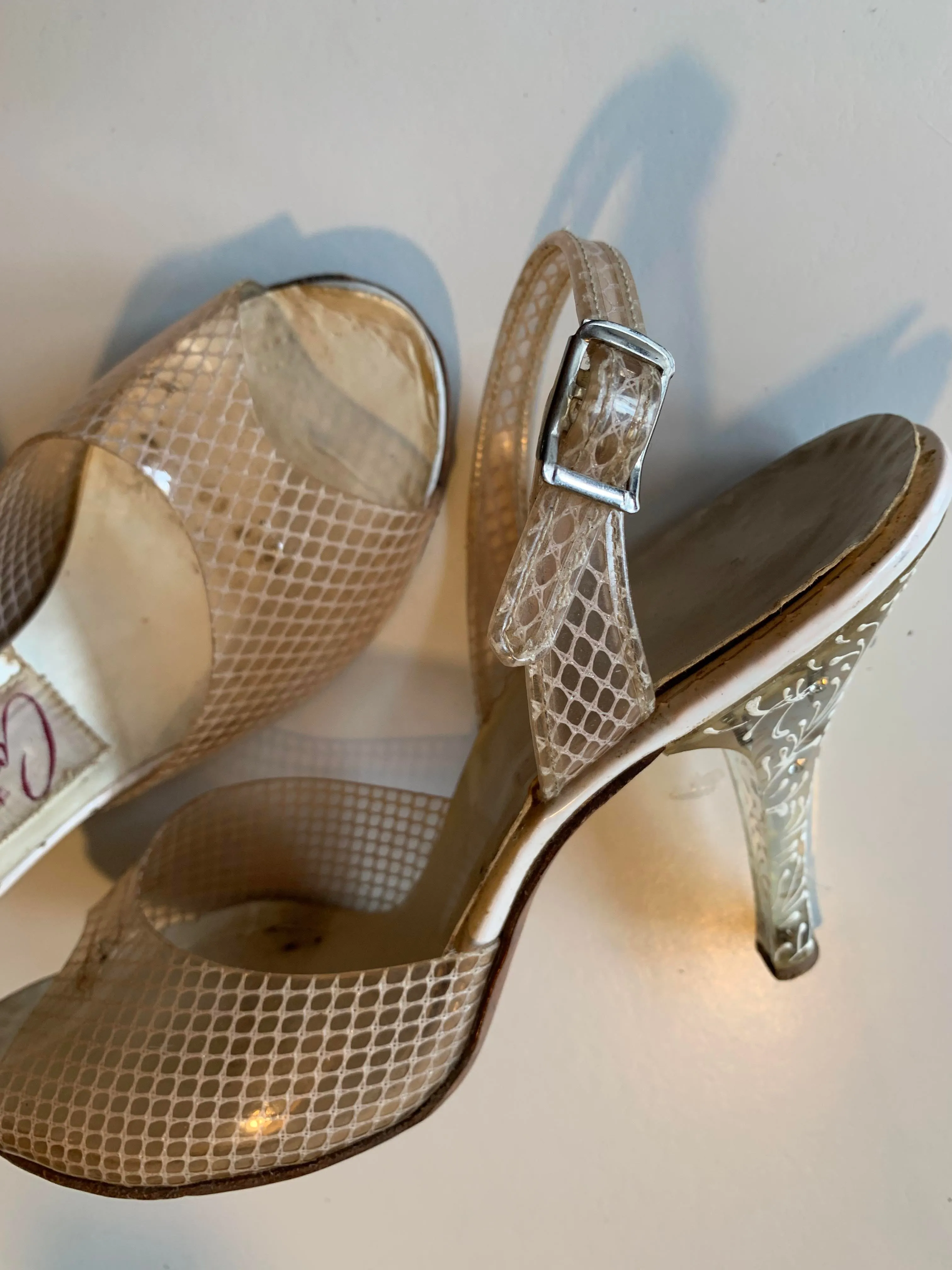 Nude Fishnet Clear Vinyl and Etched Lucite Peep Toe Shoes with Rhinestones circa 1950s 6 N