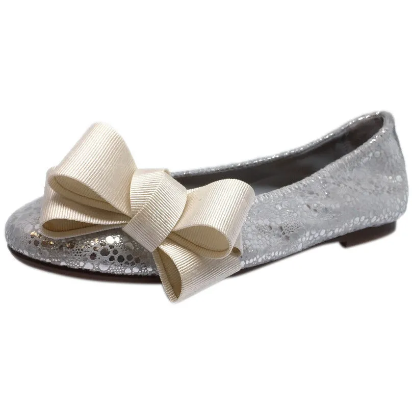 Papanatas by Eli 6744 Bright Silver Sparkle Metallic Bow Detail Slip On Ballet Flats