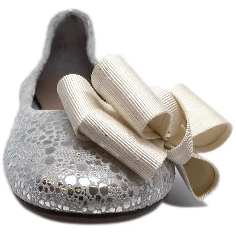 Papanatas by Eli 6744 Bright Silver Sparkle Metallic Bow Detail Slip On Ballet Flats