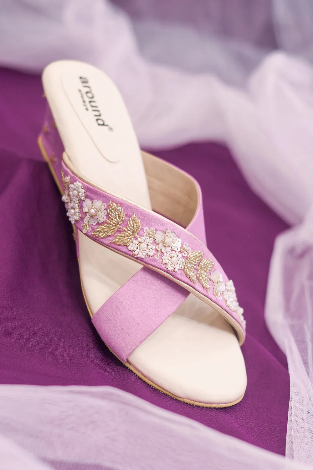 Purple Poly Silk & Rexine Embroidered Wedge Heels