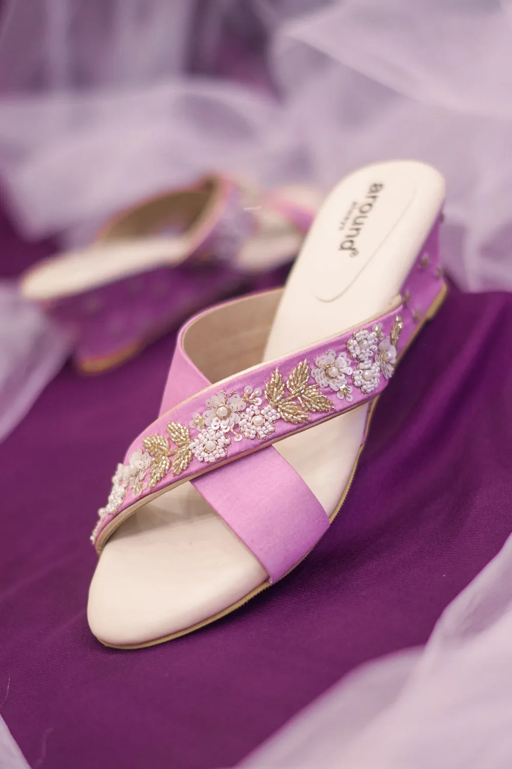 Purple Poly Silk & Rexine Embroidered Wedge Heels