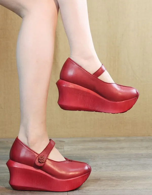 Retro Leather Wedge Heels Women Shoes