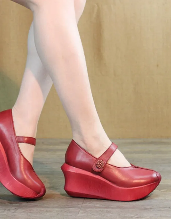 Retro Leather Wedge Heels Women Shoes