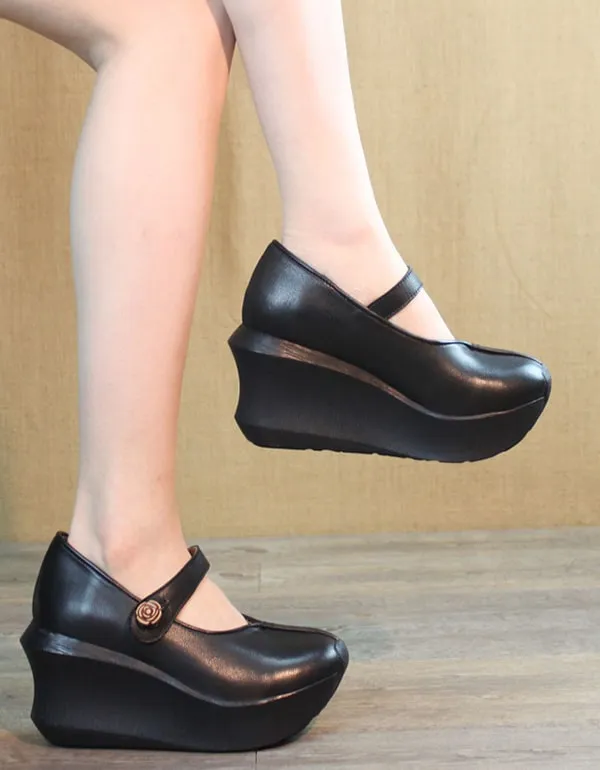 Retro Leather Wedge Heels Women Shoes