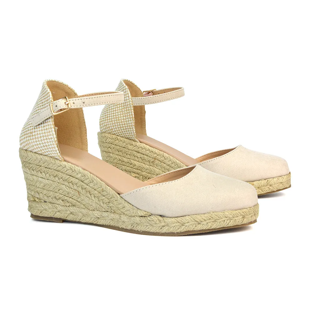 Rocky Closed Toe Strappy Espadrille Sandal Wedge Mid Heels in Silver