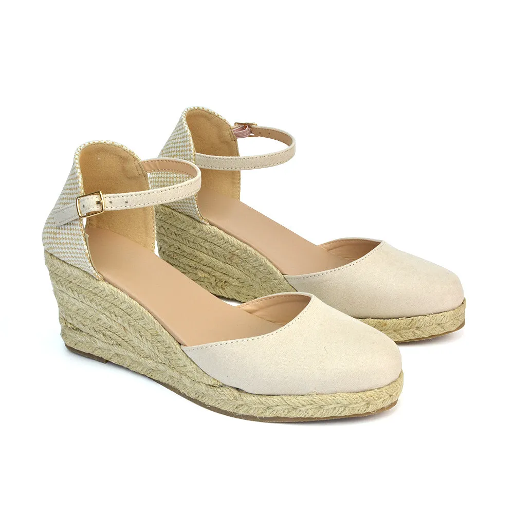 Rocky Closed Toe Strappy Espadrille Sandal Wedge Mid Heels in Silver