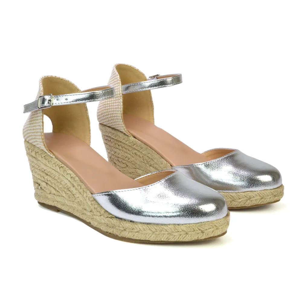 Rocky Closed Toe Strappy Espadrille Sandal Wedge Mid Heels in Silver