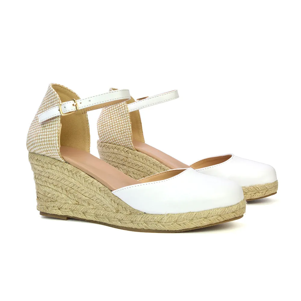 Rocky Closed Toe Strappy Espadrille Sandal Wedge Mid Heels in Silver