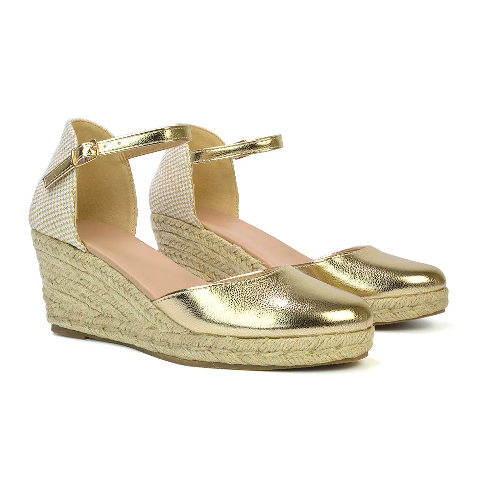 Rocky Closed Toe Strappy Espadrille Sandal Wedge Mid Heels in Silver