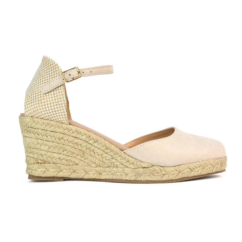 Rocky Closed Toe Strappy Espadrille Sandal Wedge Mid Heels in Silver