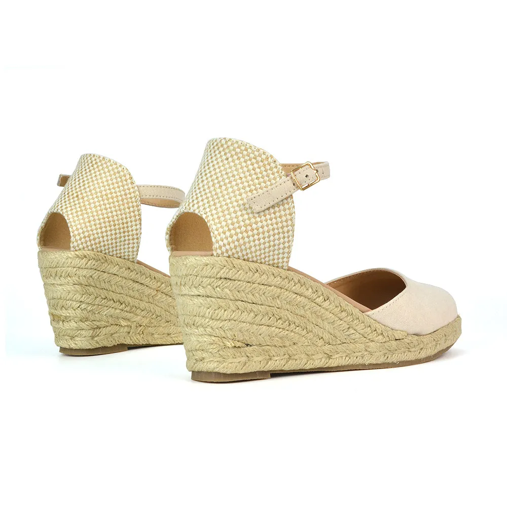 Rocky Closed Toe Strappy Espadrille Sandal Wedge Mid Heels in Silver