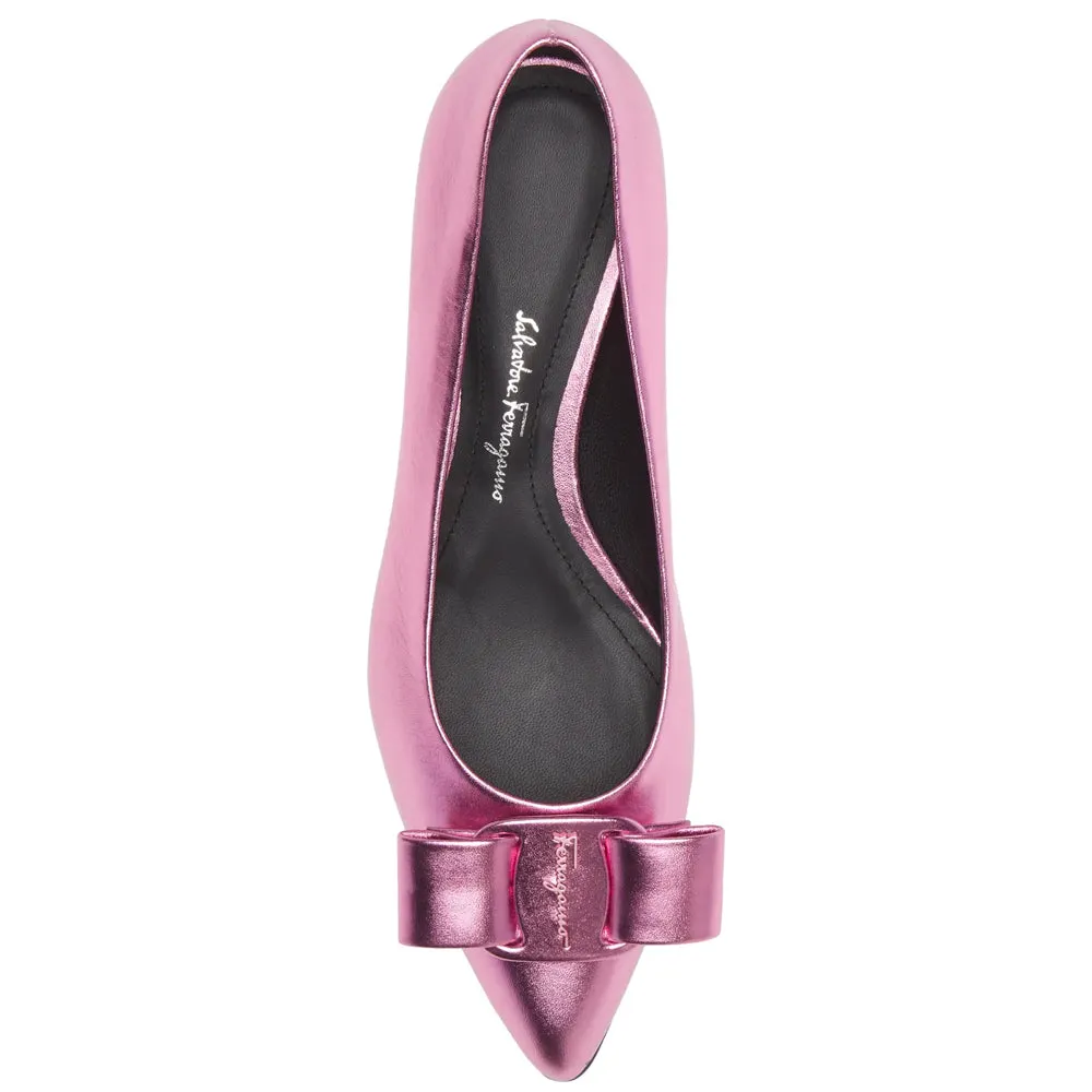 Salvatore Ferragamo Women's Viva Bow Metallic Pointed Toe Leather Flat in Pink