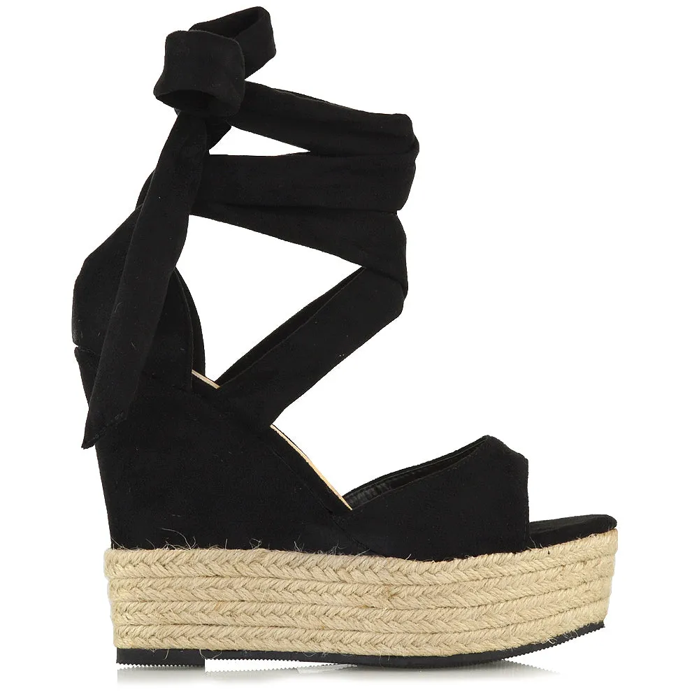 Sansa Strappy Lace up Woven Effect Platform High Heel Sandal Wedges In Black