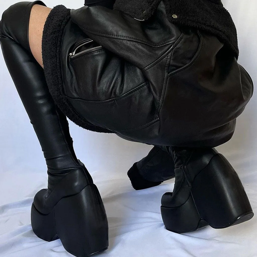 Sassy Round Toe Platform Geometric Heeled Over Knee Boots - Black