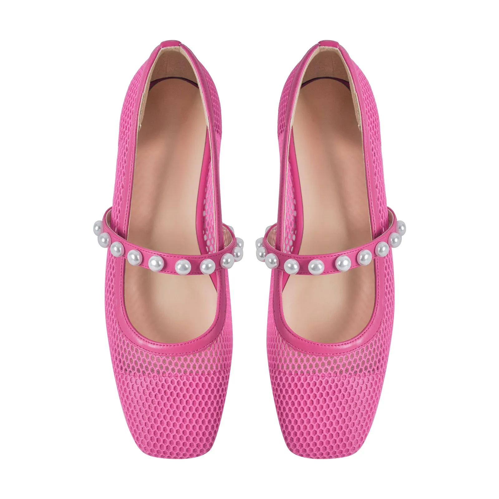 Square Toe Pearl Belt Mesh Flats