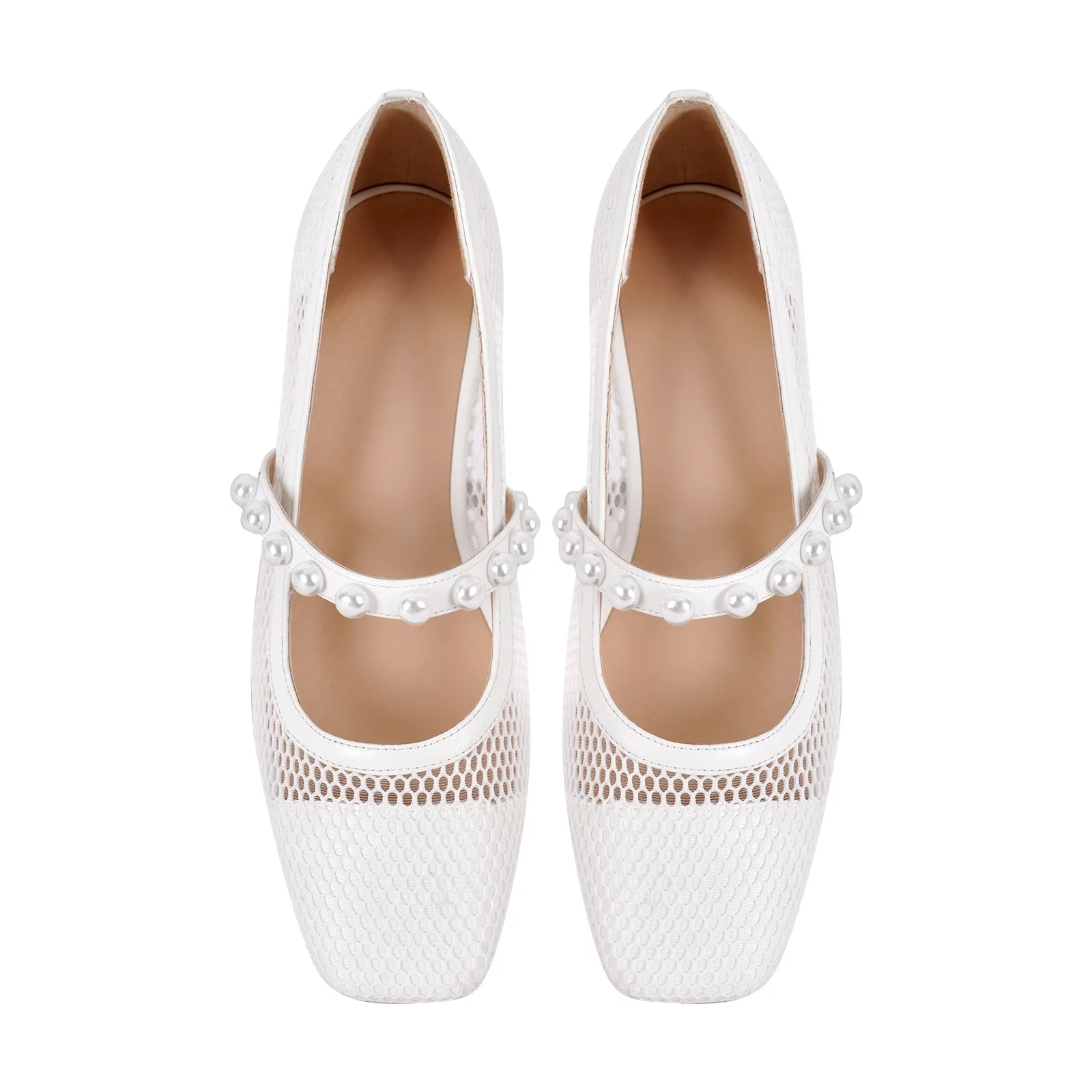 Square Toe Pearl Belt Mesh Flats