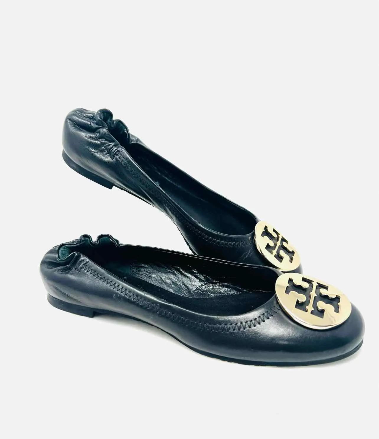 Tory Burch Size 7 Black/Gold Embellished Leather Designer Flats