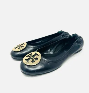 Tory Burch Size 7 Black/Gold Embellished Leather Designer Flats