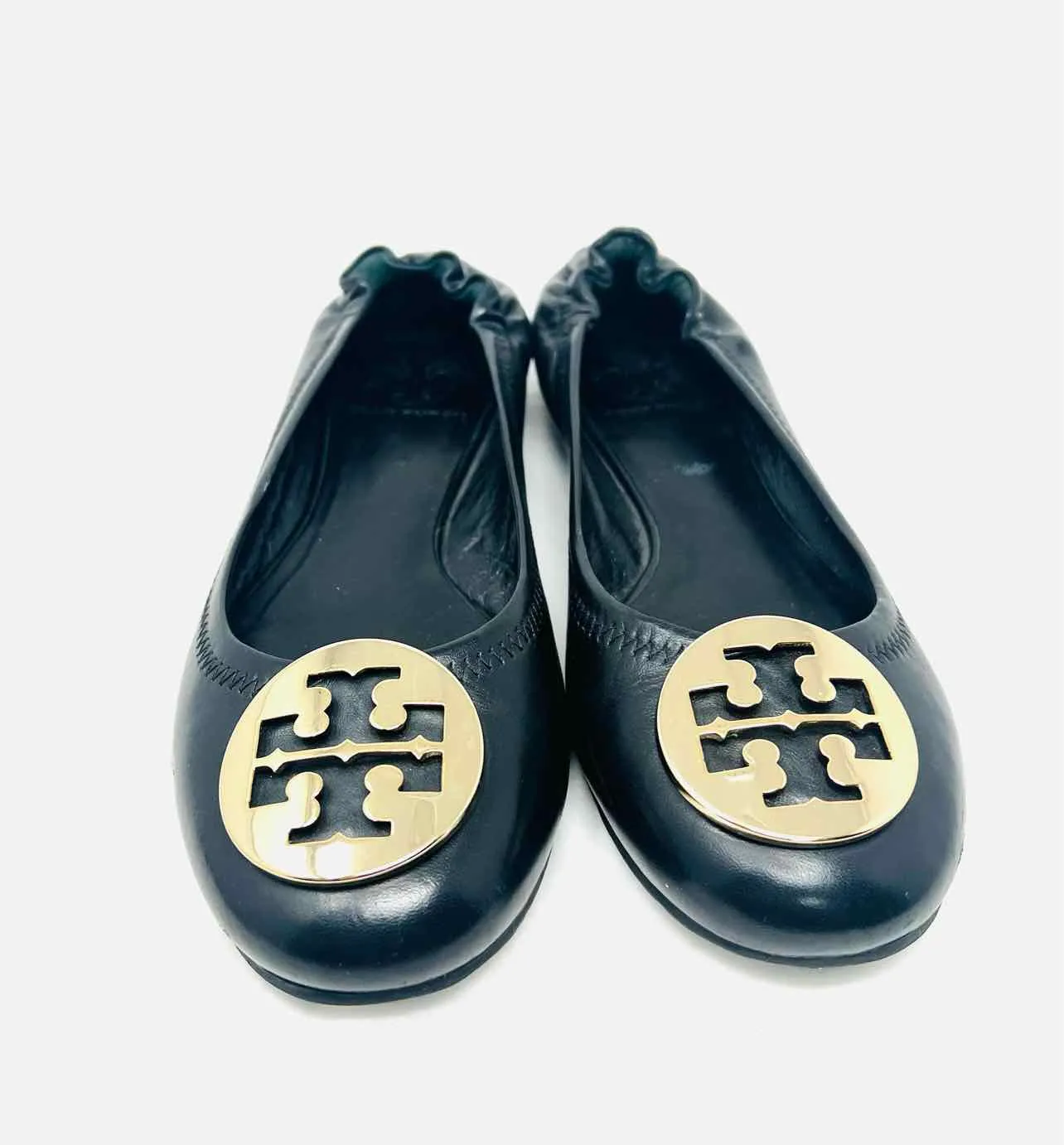 Tory Burch Size 7 Black/Gold Embellished Leather Designer Flats